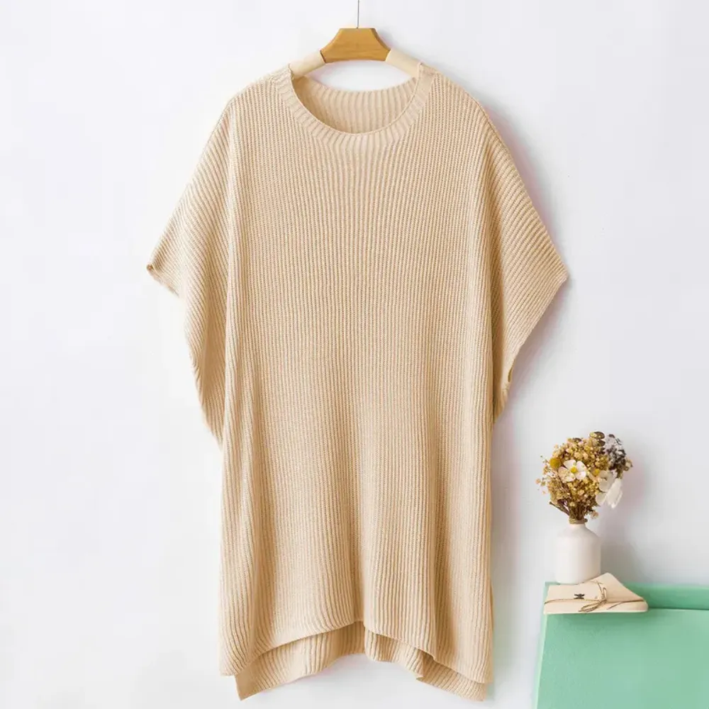 2025 Fall Clothing Women's Oversized Knit Top, Casual Crew Neck Drop Shoulder Loose Fit Short Sleeve Pullover Sweater with Side Slit