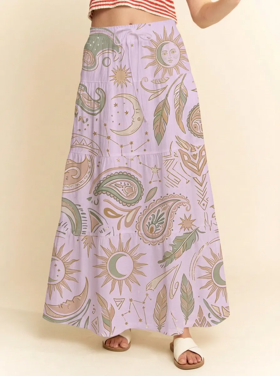 Women's Boho Celestial Sun Moon Paisley Printed Maxi Skirt