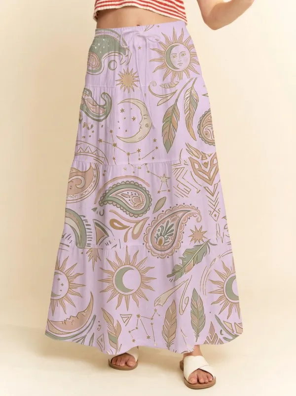 Women's Boho Celestial Sun Moon Paisley Printed Maxi Skirt