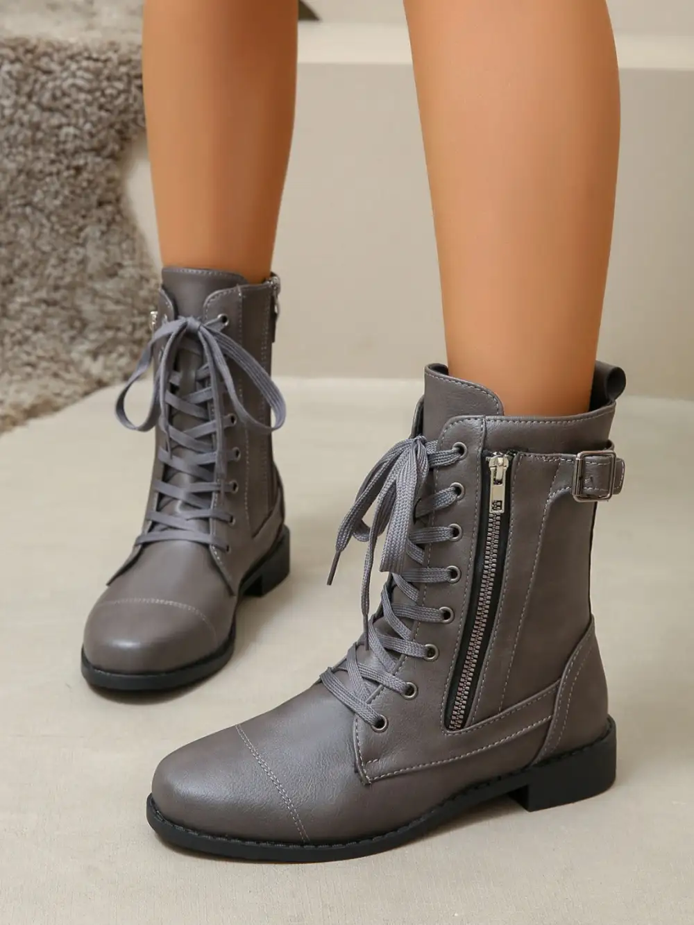 Pu Leather Lace-Up Boots