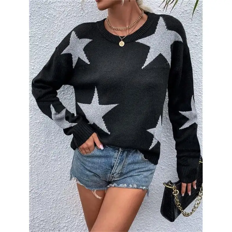 Women's Knit Star-Motif Round-Neck Relaxed Sweater