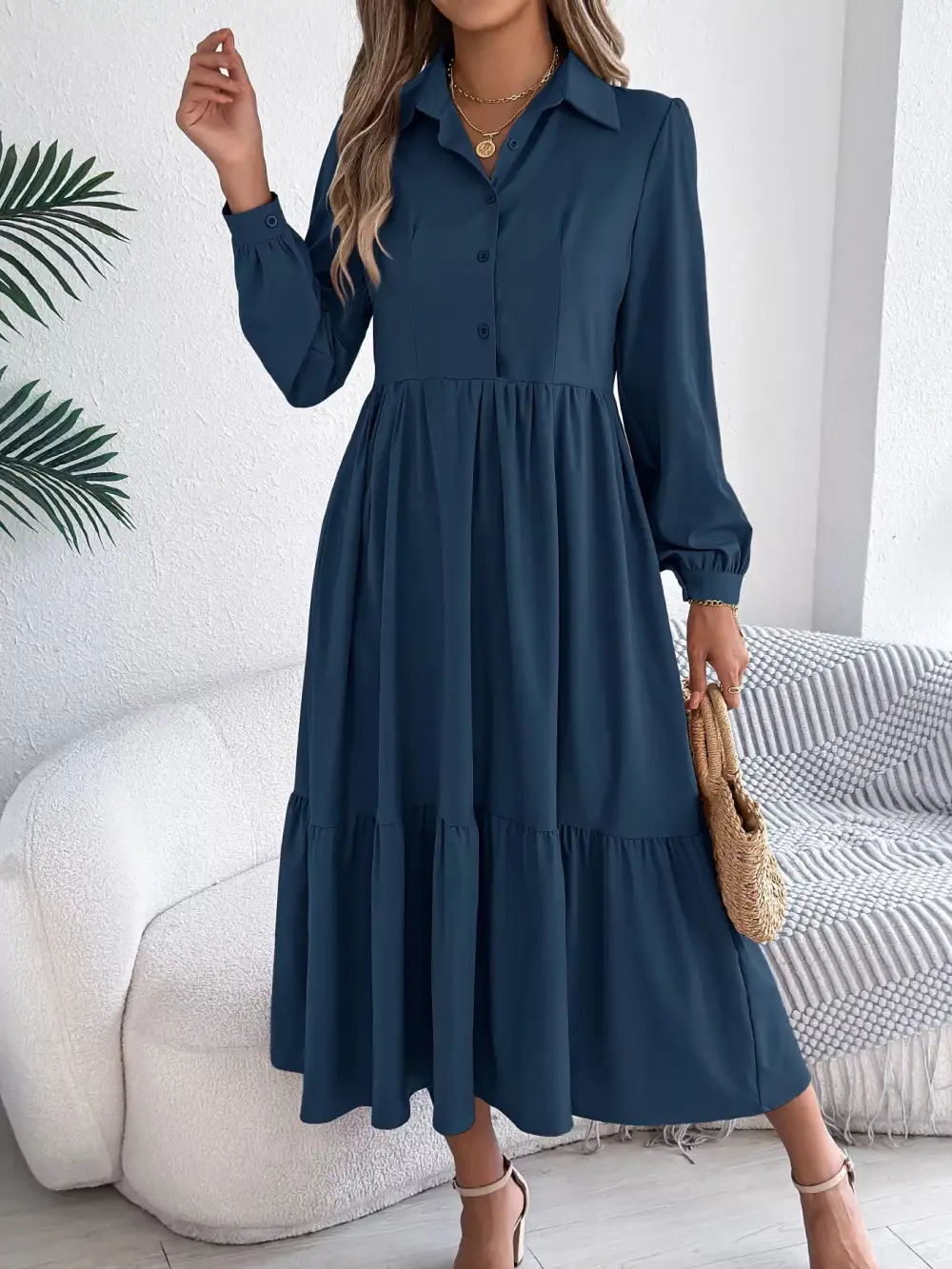 Button Front Tiered Long Sleeve Midi Dress