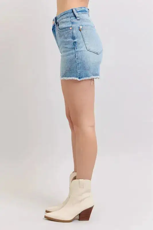 High-Waist Cotton Embroidered Denim Shorts