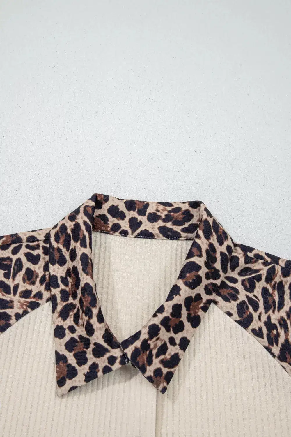 Ribbed Texture Button Down Leopard Patchwork Short Sleeve Shirt