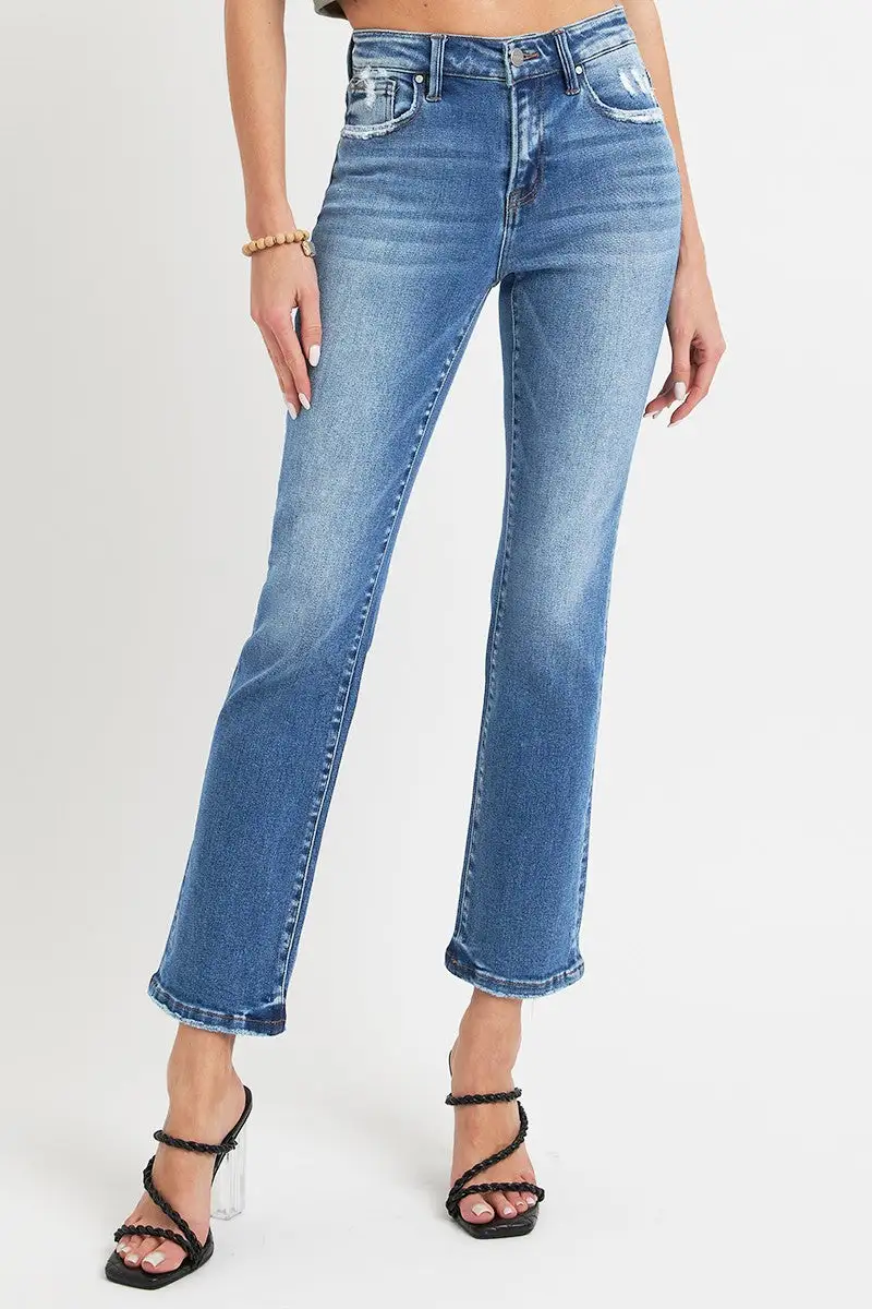 Refined Mid-Rise Washed Pocketed Stretch Straight Leg Jeans