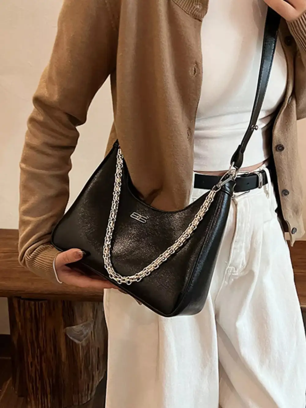 Chain-Accented Crossbody Bag