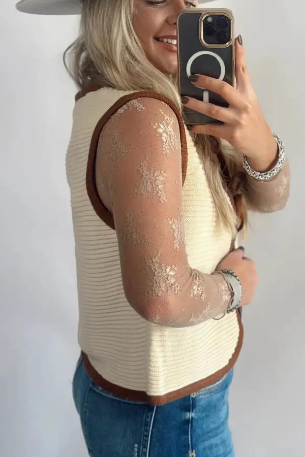 Horizontal Ribbed Knit Contrast Trim Ties Front Sweater Vest