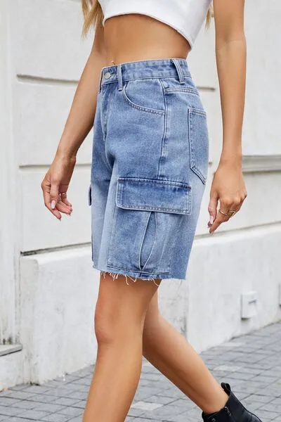 Raw Hem Washed Denim Shorts with Cargo Pockets