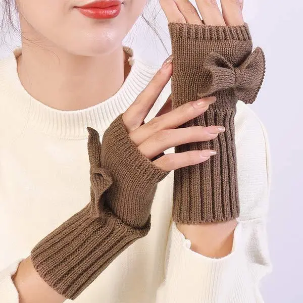 Women'S Bowknot Knitted Wool Warm Fingerless Gloves 12539938C