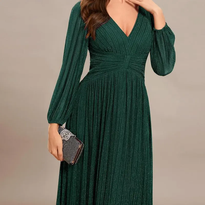 【EVER PRETTY 】curvy dress,Glittery Empire Waist A-Line Dress with Long Lantern Sleeves