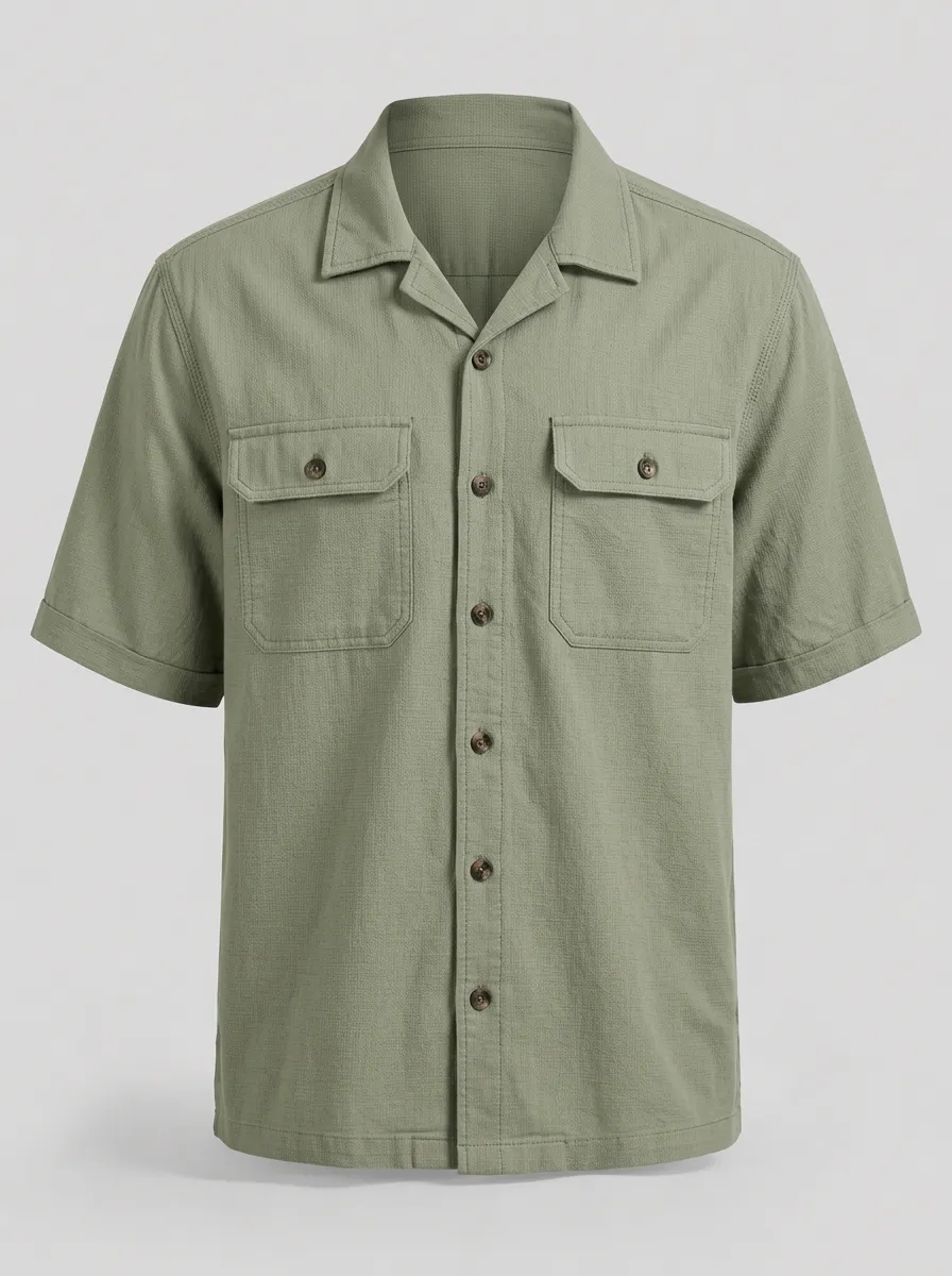 Men's Casual Summer Olive Green Breathable Button Down Shirt
