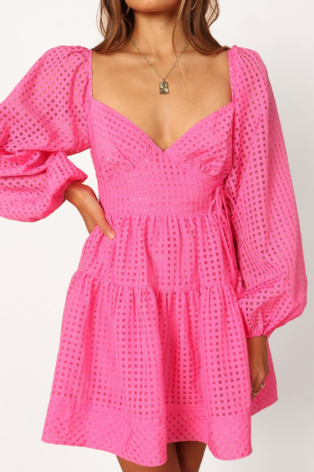 DEEP V NECK MAGENTA LONG SLEEVE MINI DRESS