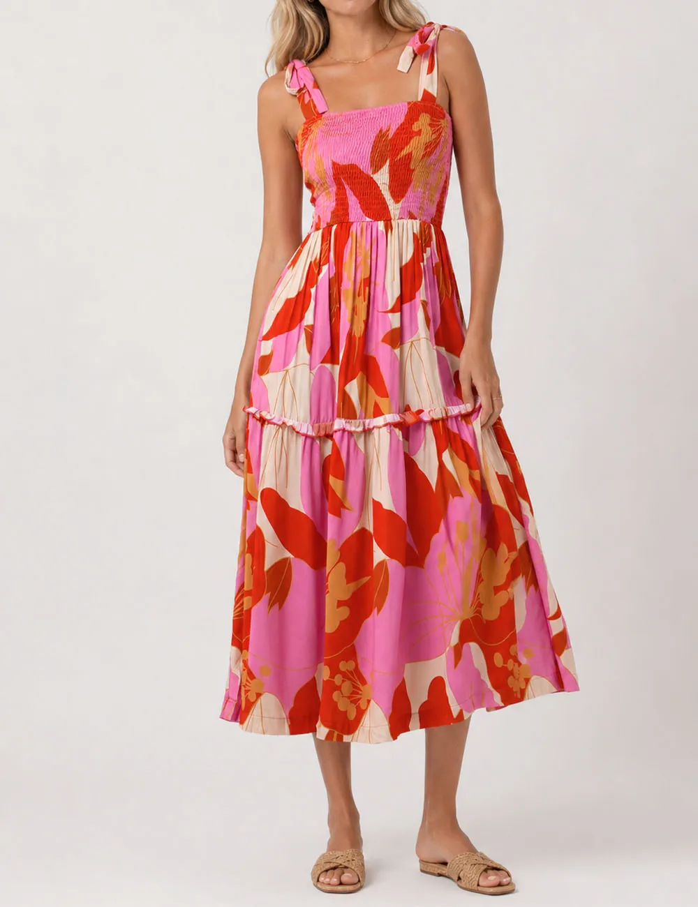 Abstract Smocked Strap Square Neck Midi Dress
