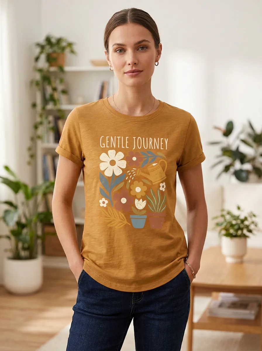 Women's Gardening Gentle Journey Floral Watering Can Print T-Shirt