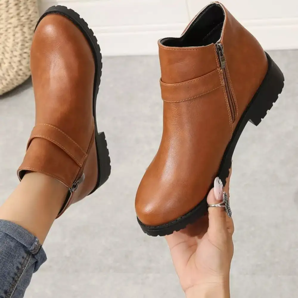 Textured Buckle Accent Ankle Boots