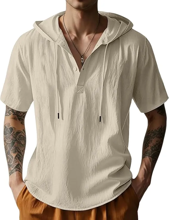 Men's Cotton Linen Short Sleeve Hooded Shirt