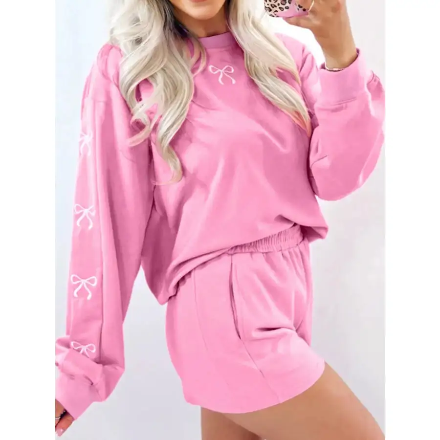 Bow Embroidered Sweatshirt and Shorts Set
