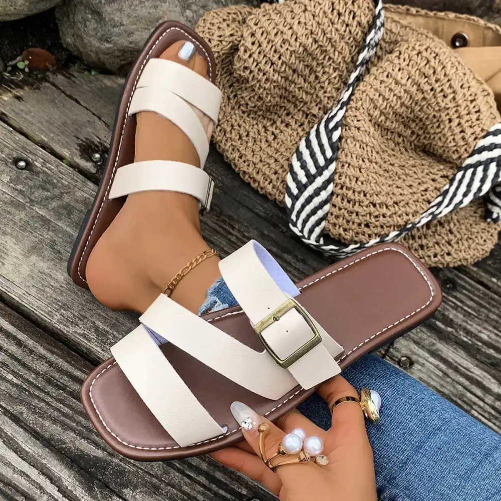 Textured Open Toe Buckle Sandals