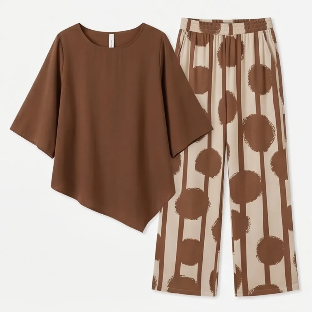 Asymmetric Drape Print Pants Set