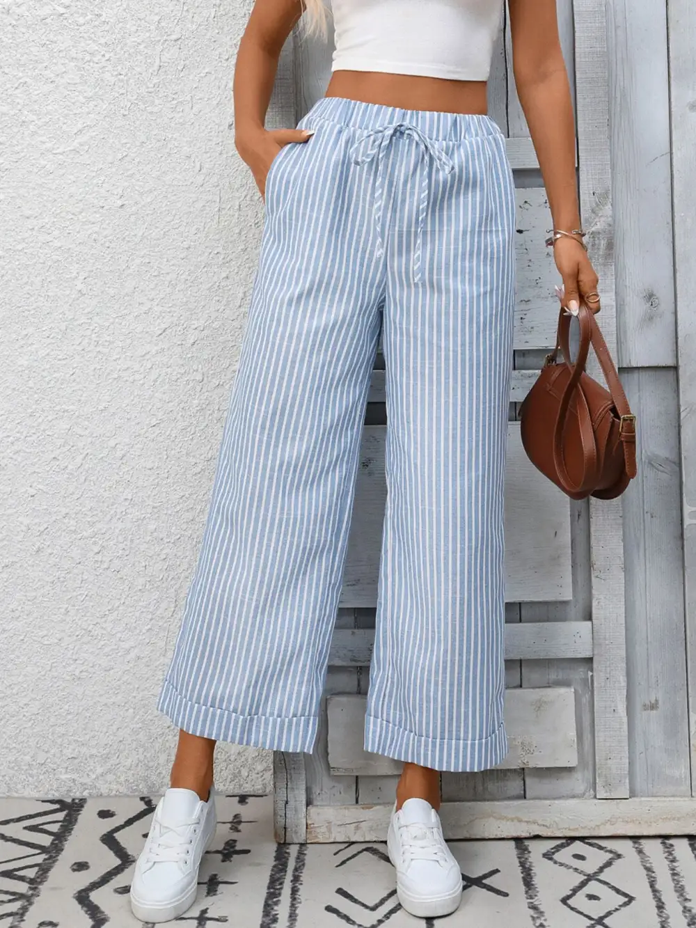 Wide Leg Striped Drawstring Pocketed Pants