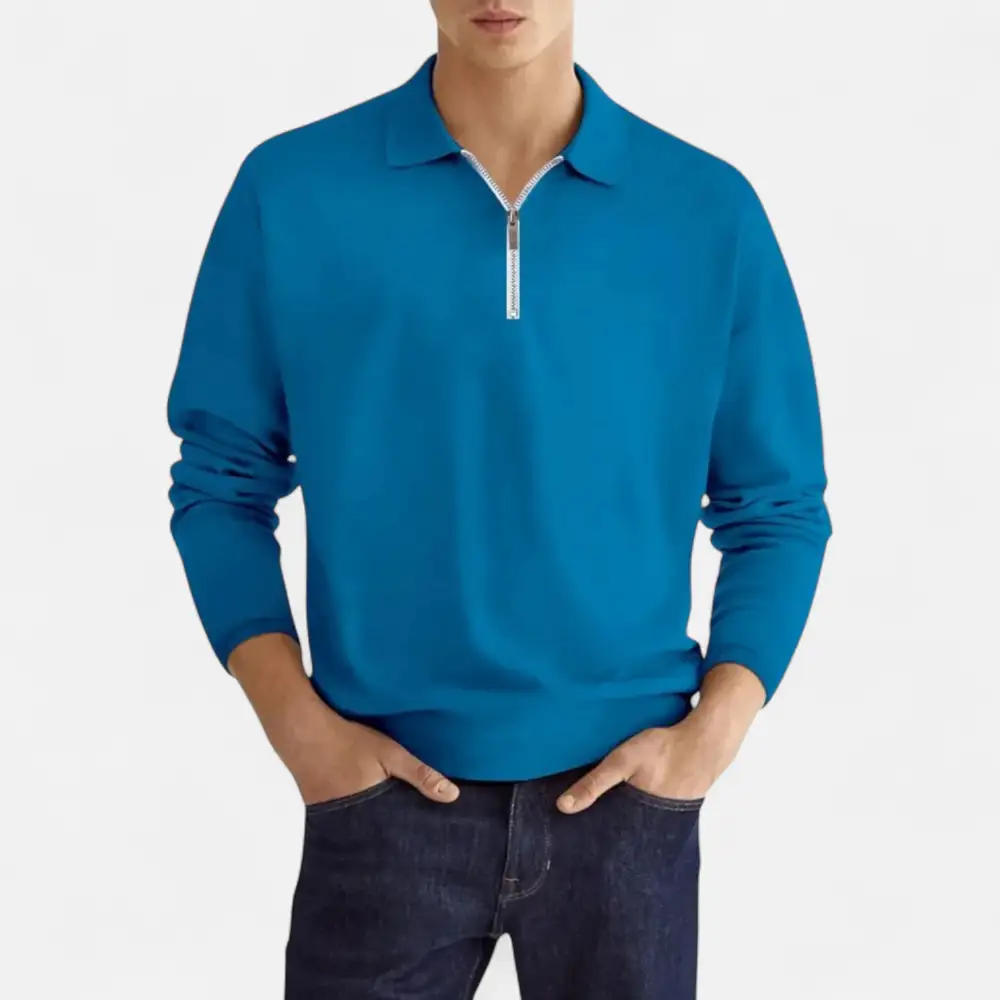 Denim Zip Collar Long Sleeve Polo Shirt
