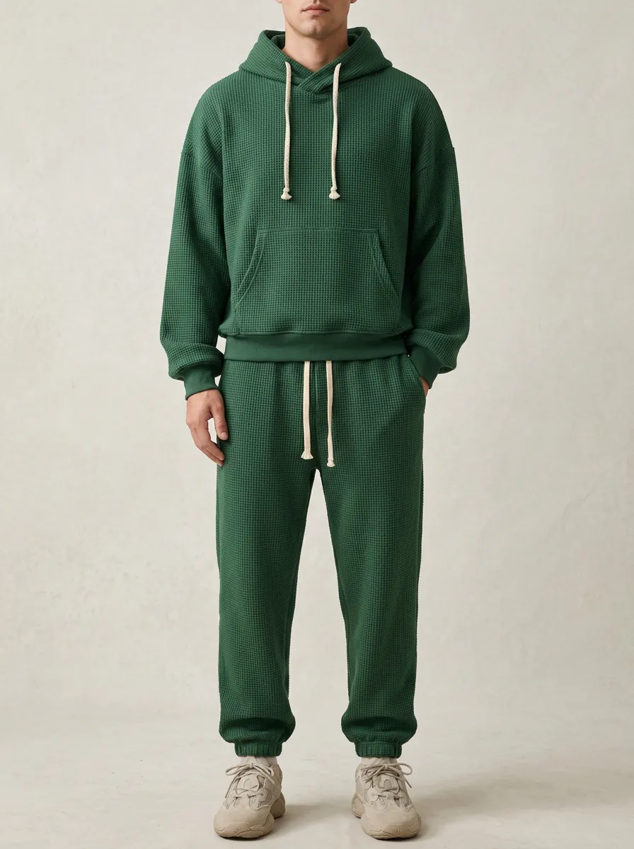 Men's Green Waffle Knit Textured Pullover Hoodie