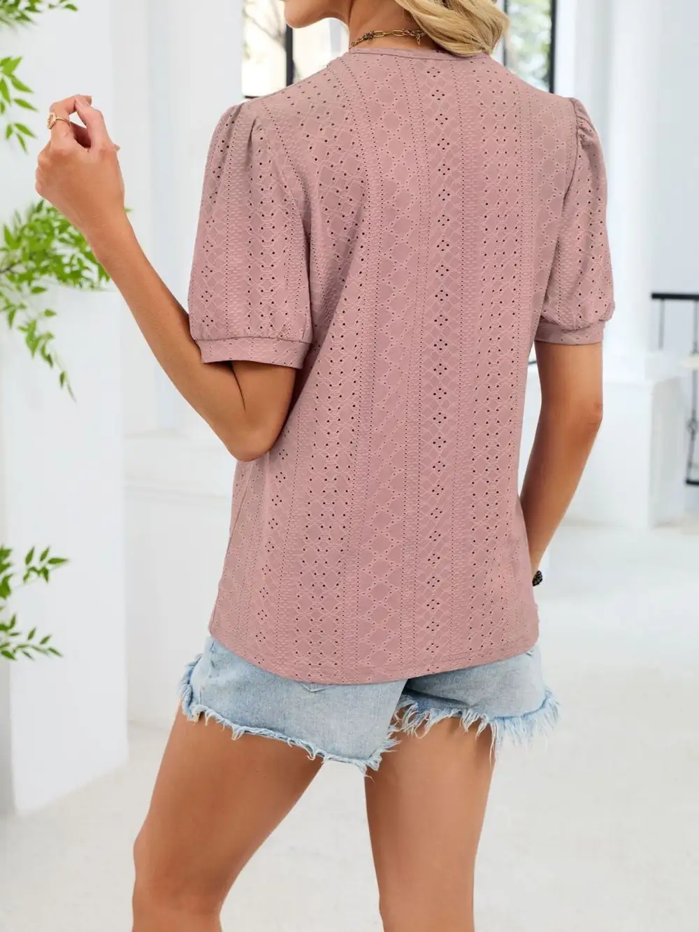 Refined V-Neck Short-Sleeve Lace-Detail T-Shirt