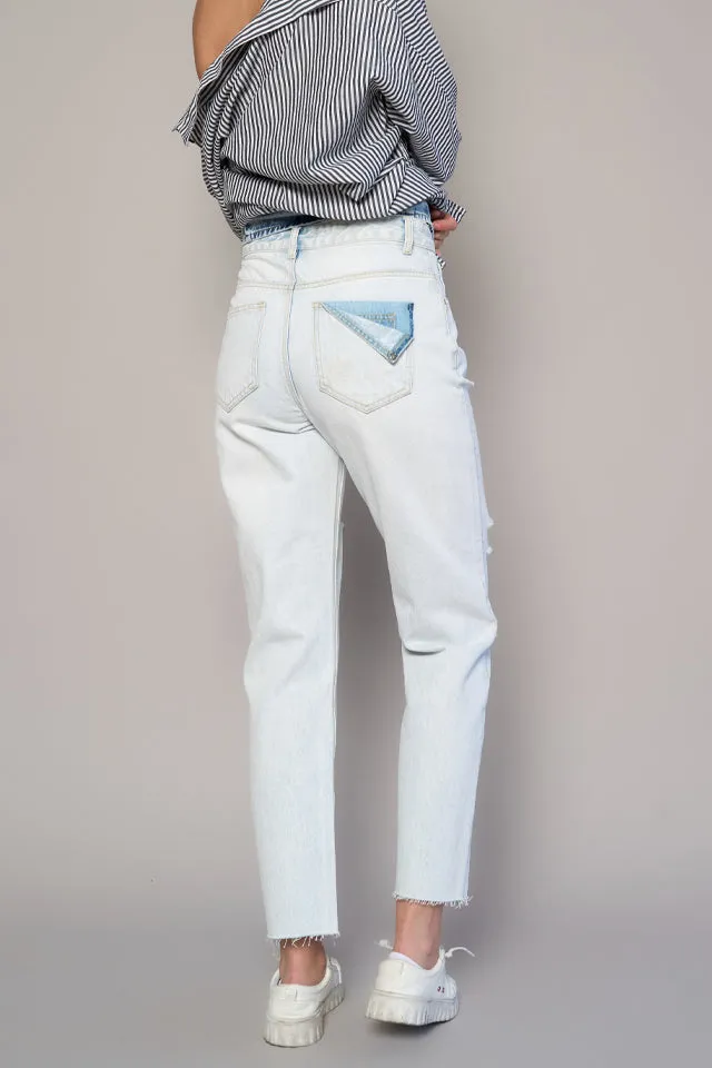 Women's High Rise Frayed Hem Straight Rigid Denim Jeans