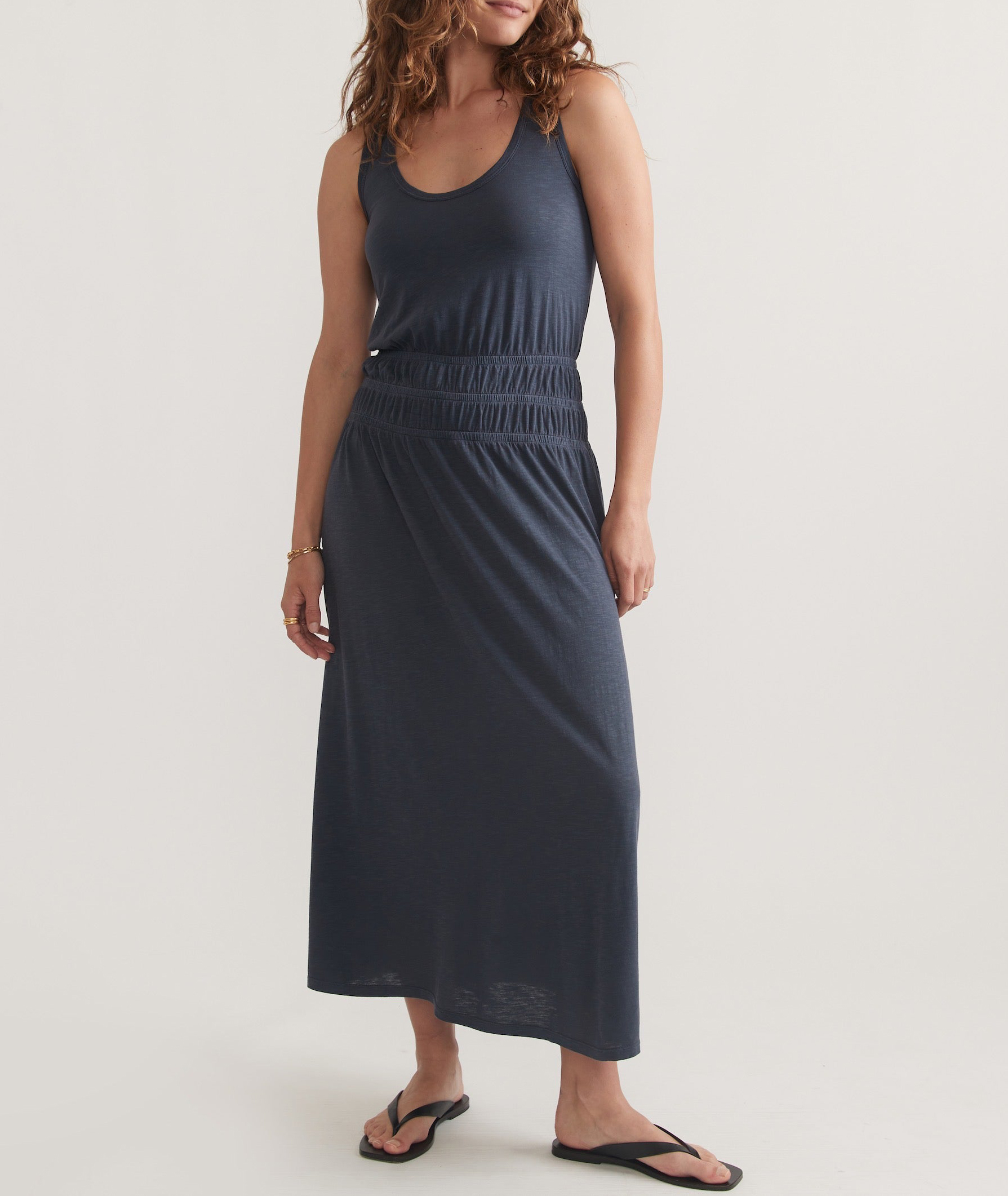 Navy Slub Fabric Midi Dress