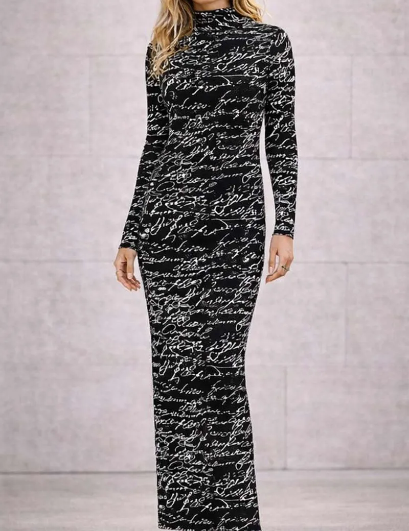 Mock Neck Letter Pattern Long Sleeves Bodycon Maxi Dress