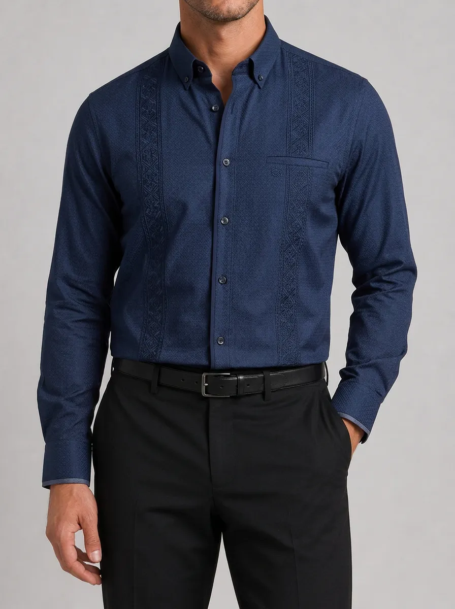 Men's Casual Business Geometric Embroidered Navy Printed Shirt
