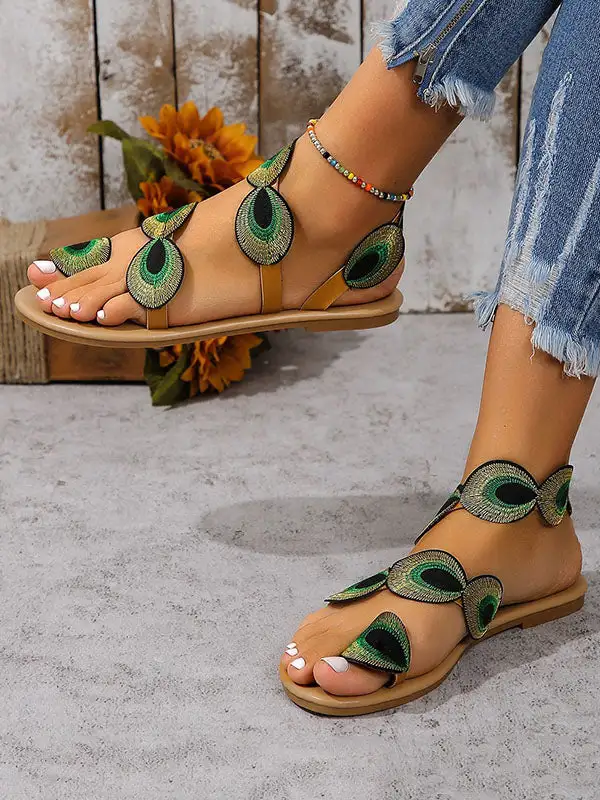 Embroidered Open-Toe Panel Detail Flat Sandals