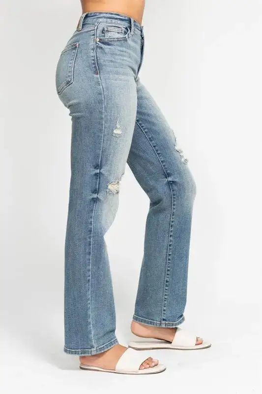 High-Waist Relaxed Distressed Washed Straight Leg Jeans