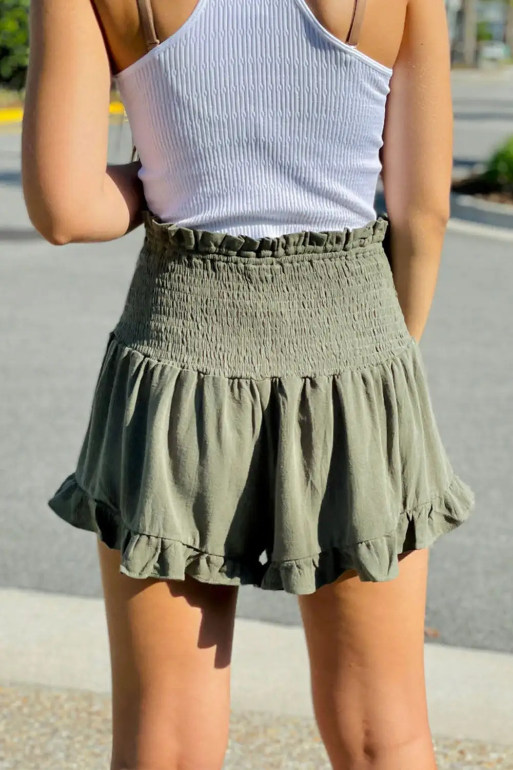 Linen Blend Ruffle Trim Drawstring Casual Shorts
