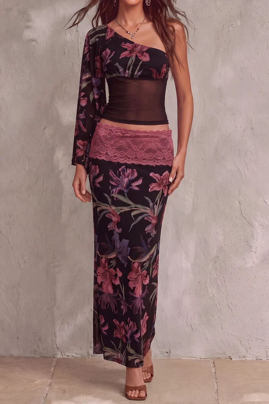 One Shoulder Floral Matching Skirt Set