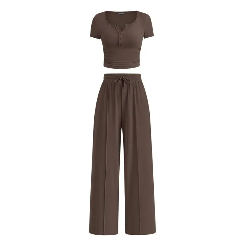 Women's two-piece summer ribbed knit button short-sleeve crop top and wide-leg pants