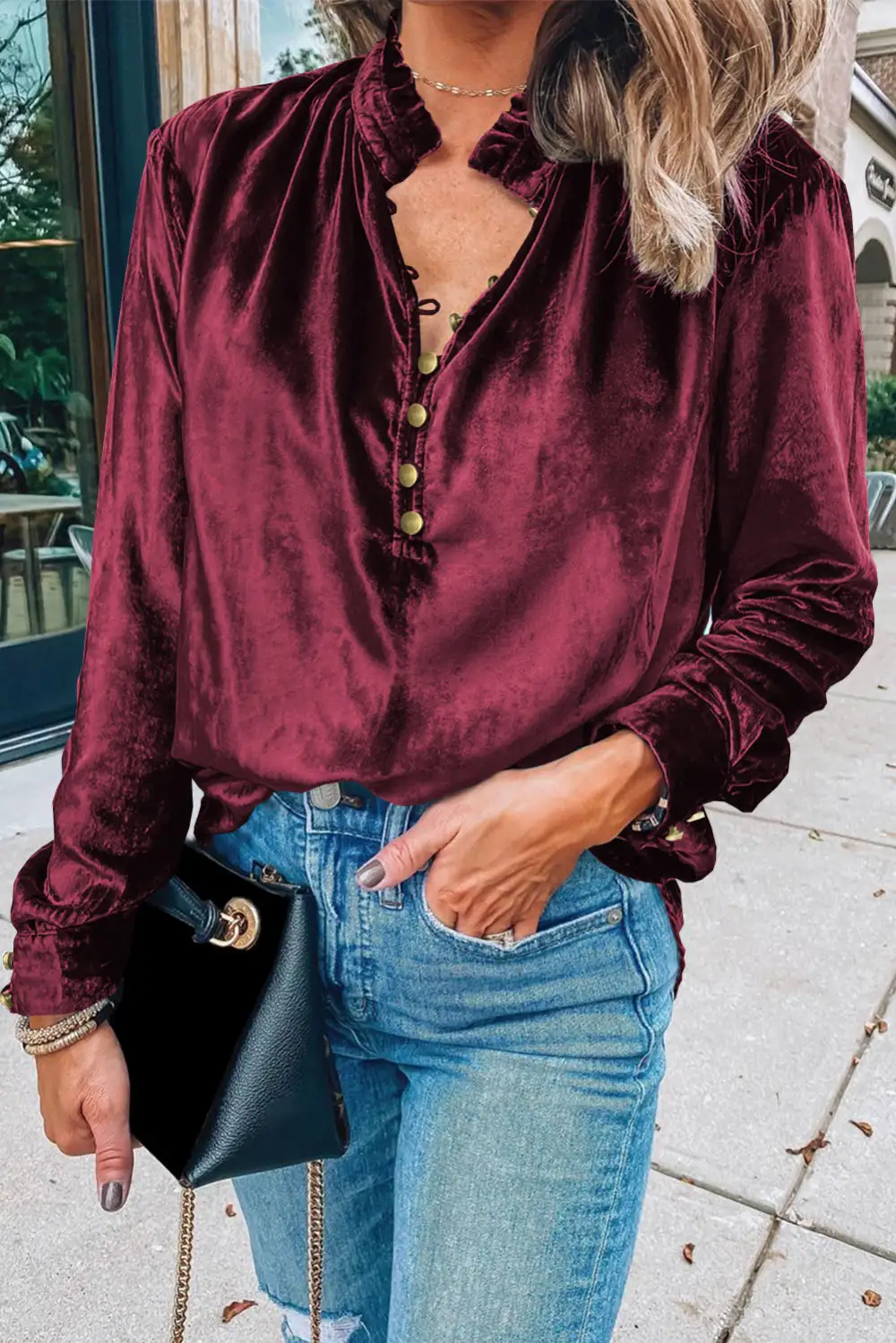 Velvet Frilled Button Front Top