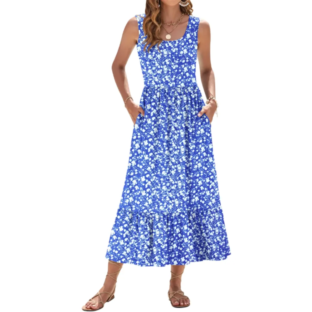 Women's Square Neck Sleeveless Floral Tiered Maxi Dress With Pockets