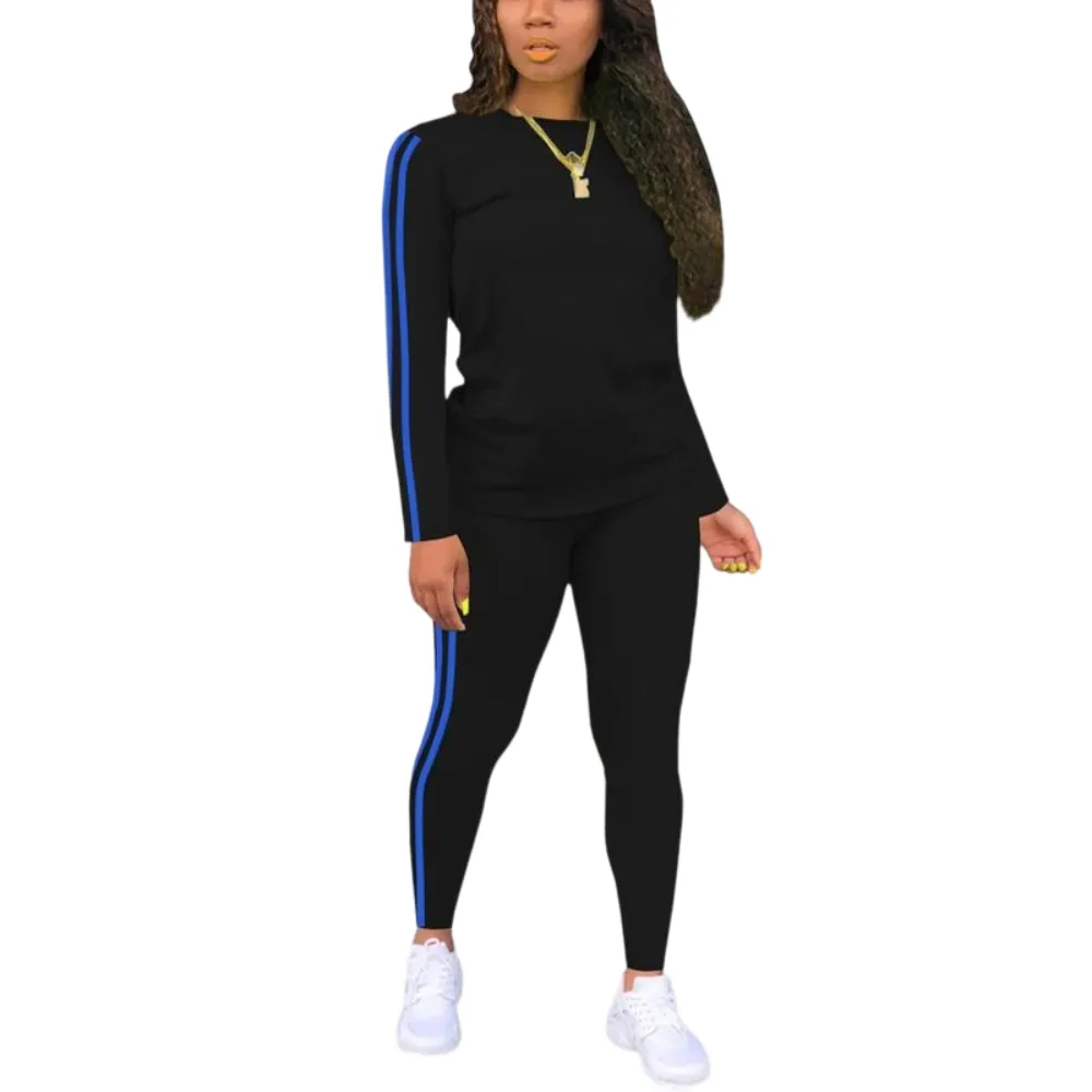 Women's Striped Print Long Sleeve Top & Pants Two-piece Set