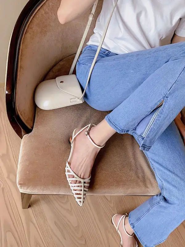 Cutout Pointed-Toe Panel Detail Slingback Heeled Sandals