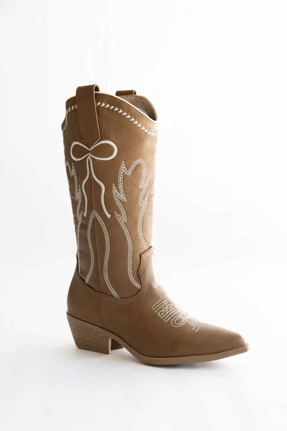 Bow Detail Zip Entry Pointed Toe Mid Calf Western Boots