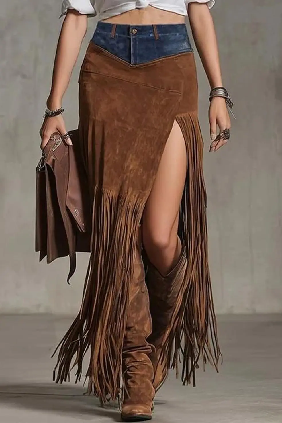Fringe Suede Boho Maxi Skirt
