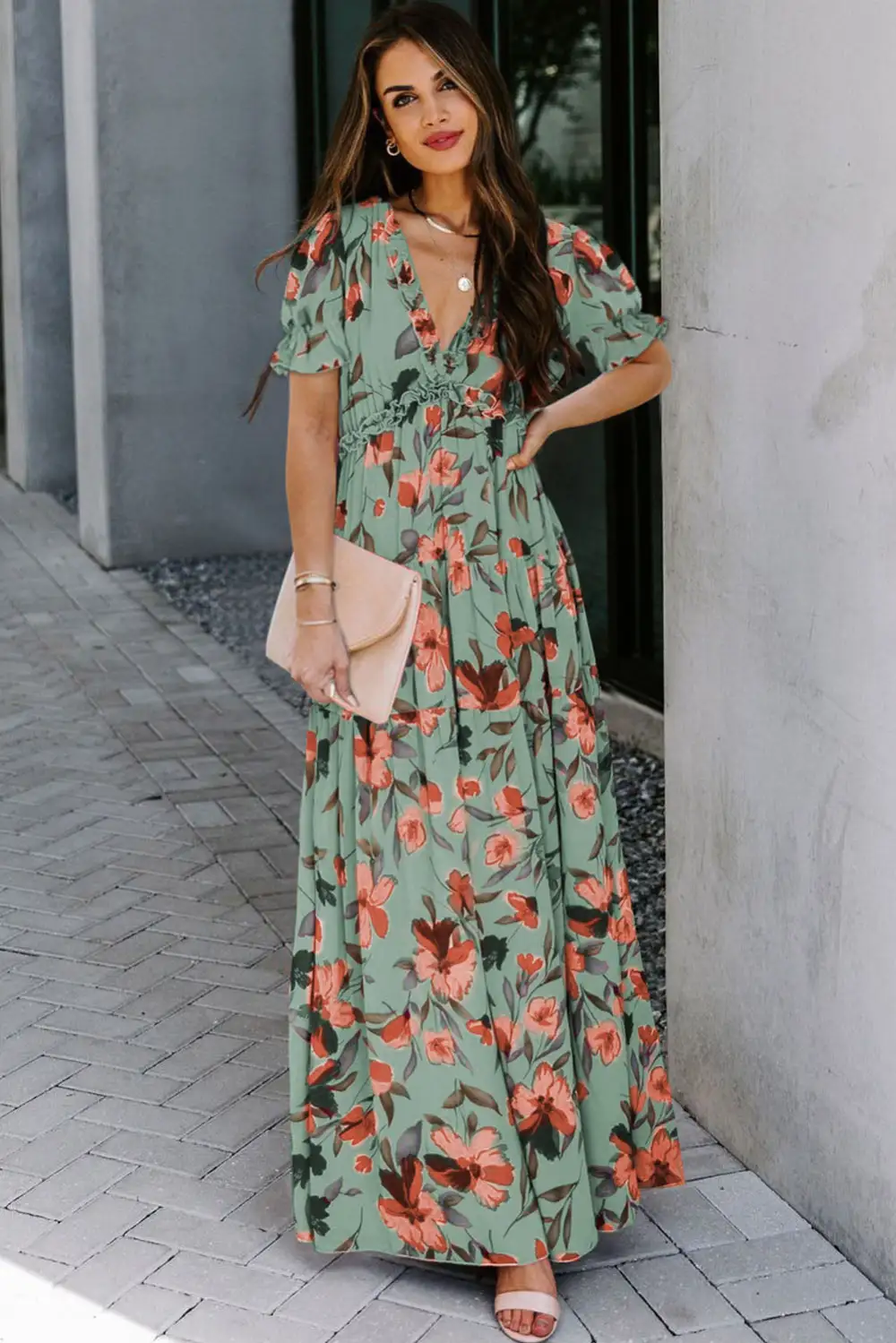 Comfort Fit Floral Printed V Neck Maxi Dress