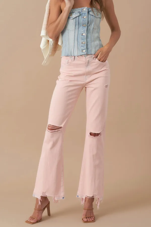 Women's Five Pocket High Rise Destroyed Distressed Cropped Flare Rigid Denim Jeans
