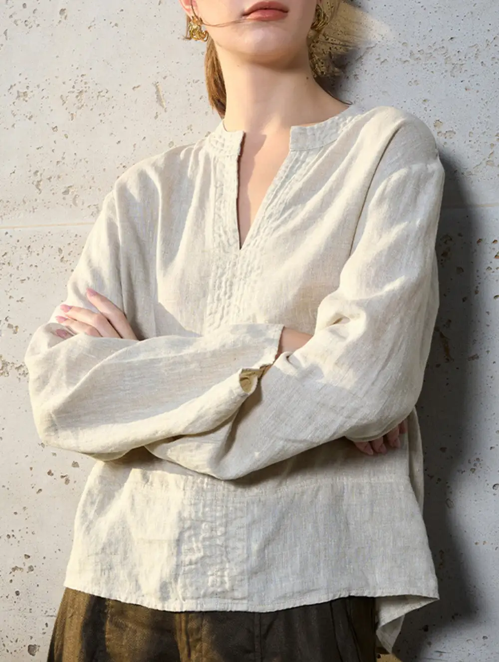 Pure Linen V Neck Long Sleeve Work Tee