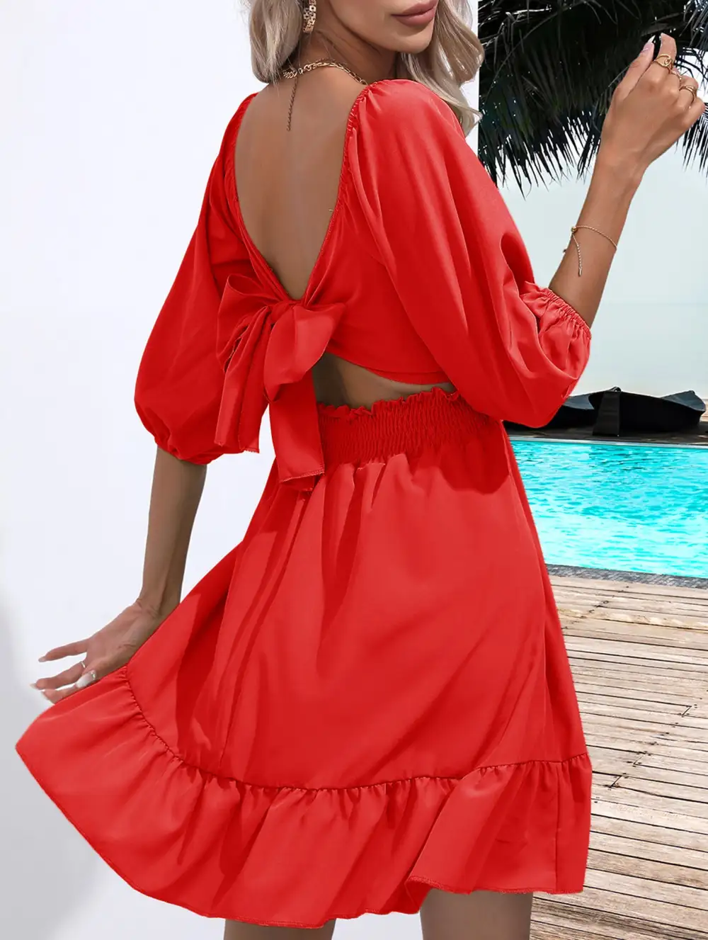 Square Neckline Ruffled Tie Up Short Dress