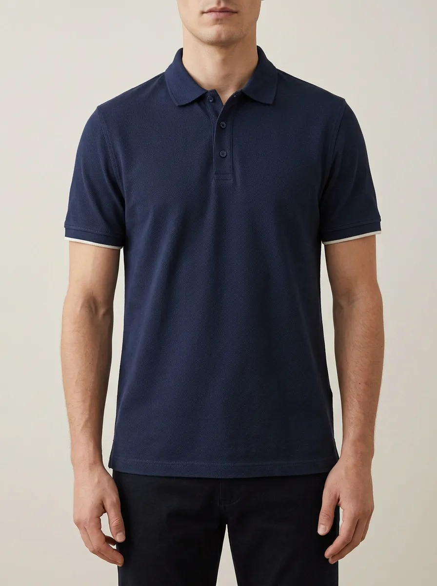 Men's Navy Blue Contrast Trim Solid Color Polo Shirt