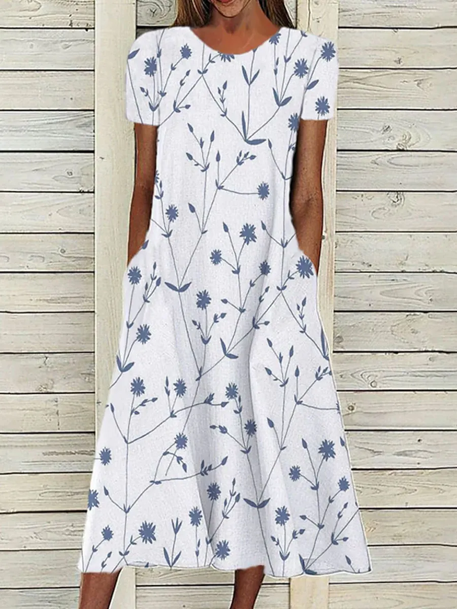 Round Neck Loose Casual Floral Print Short Sleeve Midi Dress