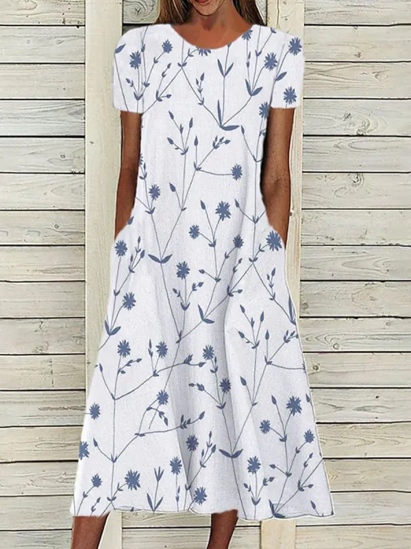 Round Neck Loose Casual Floral Print Short Sleeve Midi Dress