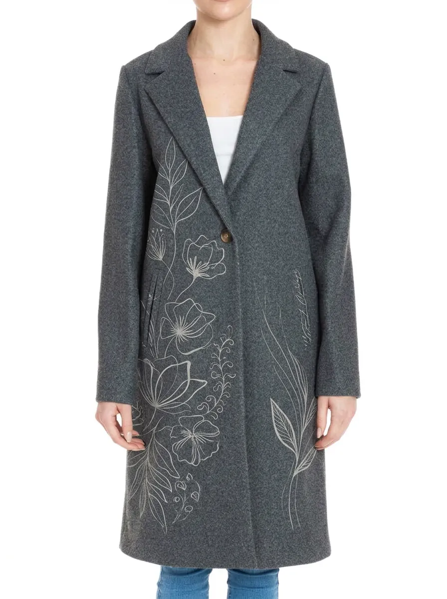 Women's Floral Art Lover Botanical Line Printed Wool Coat